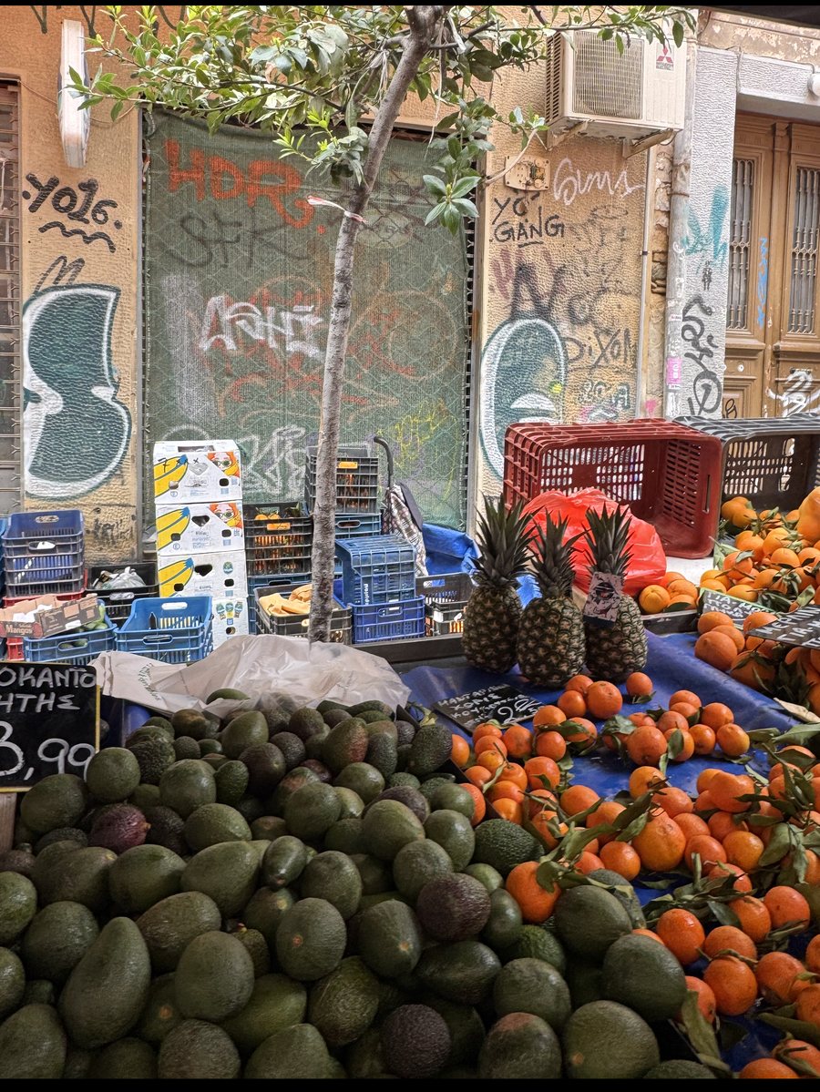 Avocados and citrus at a Greek market stall